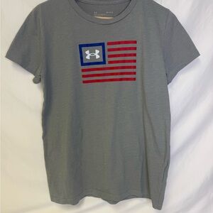 Under Armour Women's Gray Short Sleeve Tee with Red & Blue Flag Graphic